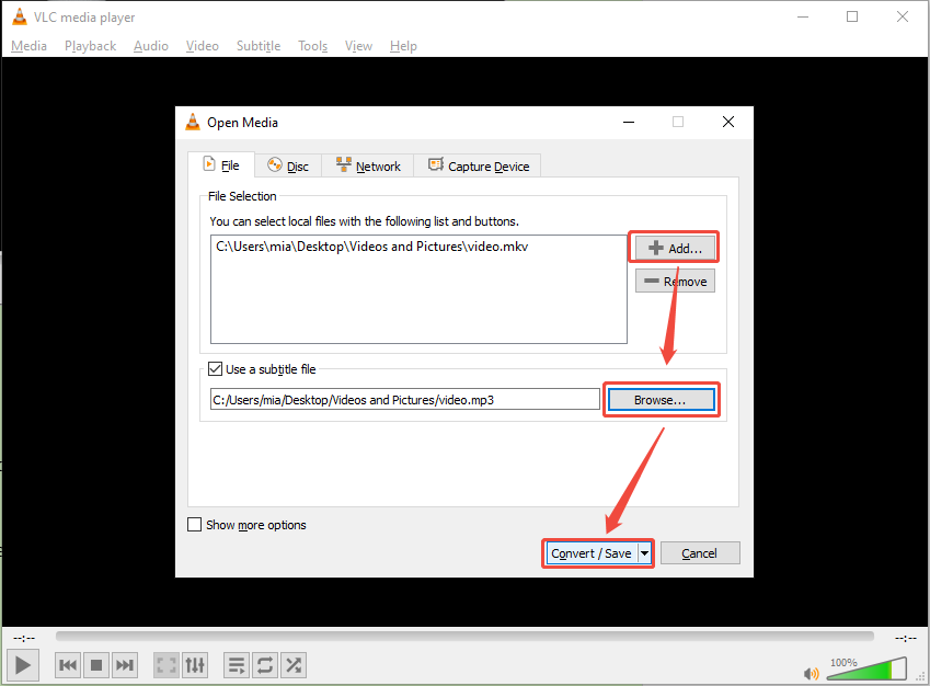 VLC Open Media window showing how to upload MKV file and choose save folder and start conversion.
