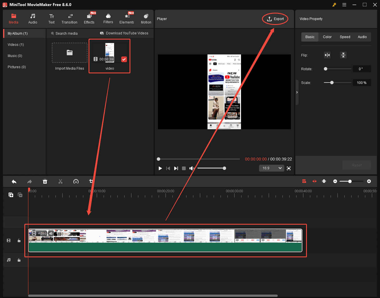 MiniTool MovieMaker interface showing how to drag the video to the timeline and export it.