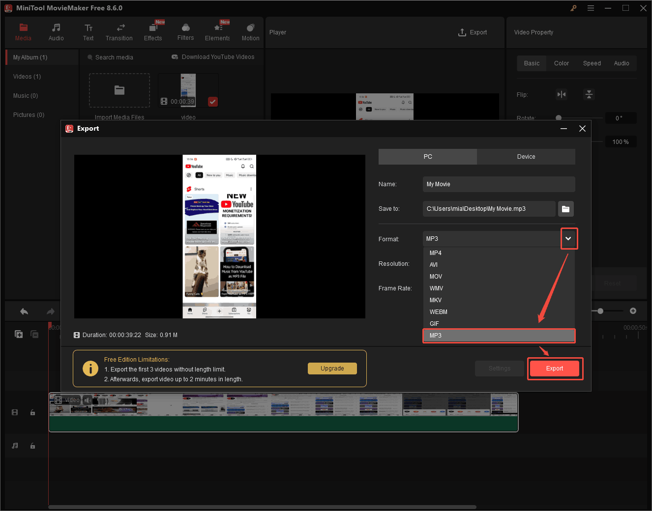 MiniTool MovieMaker Export window showing how to export a video in MP3.