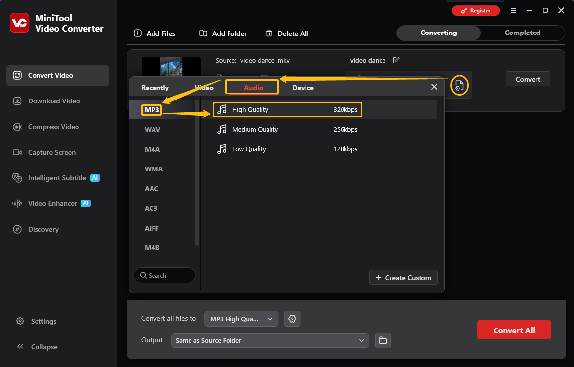MiniTool Video Converter output format window showing how to set MP3 as the output format in the Convert Video tab.