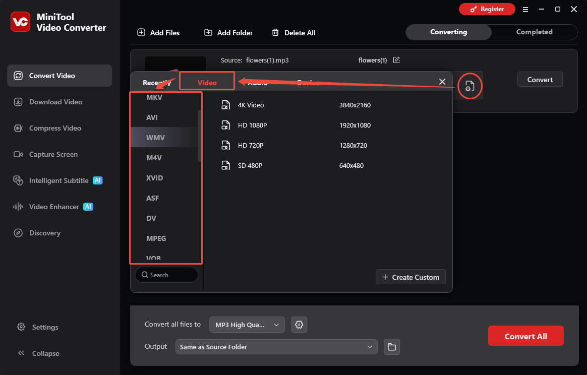 MiniTool Video Converter interface showing how to select a video format as the output format.