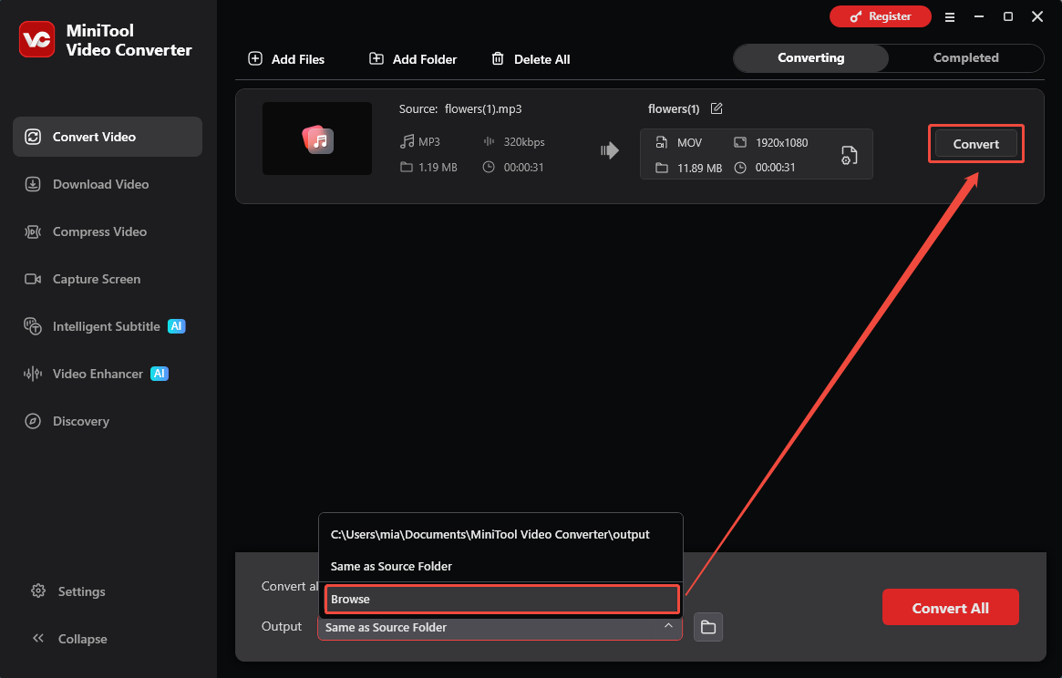 MiniTool Video Converter interface showing how to select a specific folder as the save folder and start conversion.