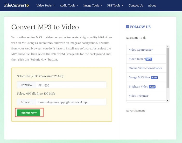 FileConverto Convert MP3 to Video page.