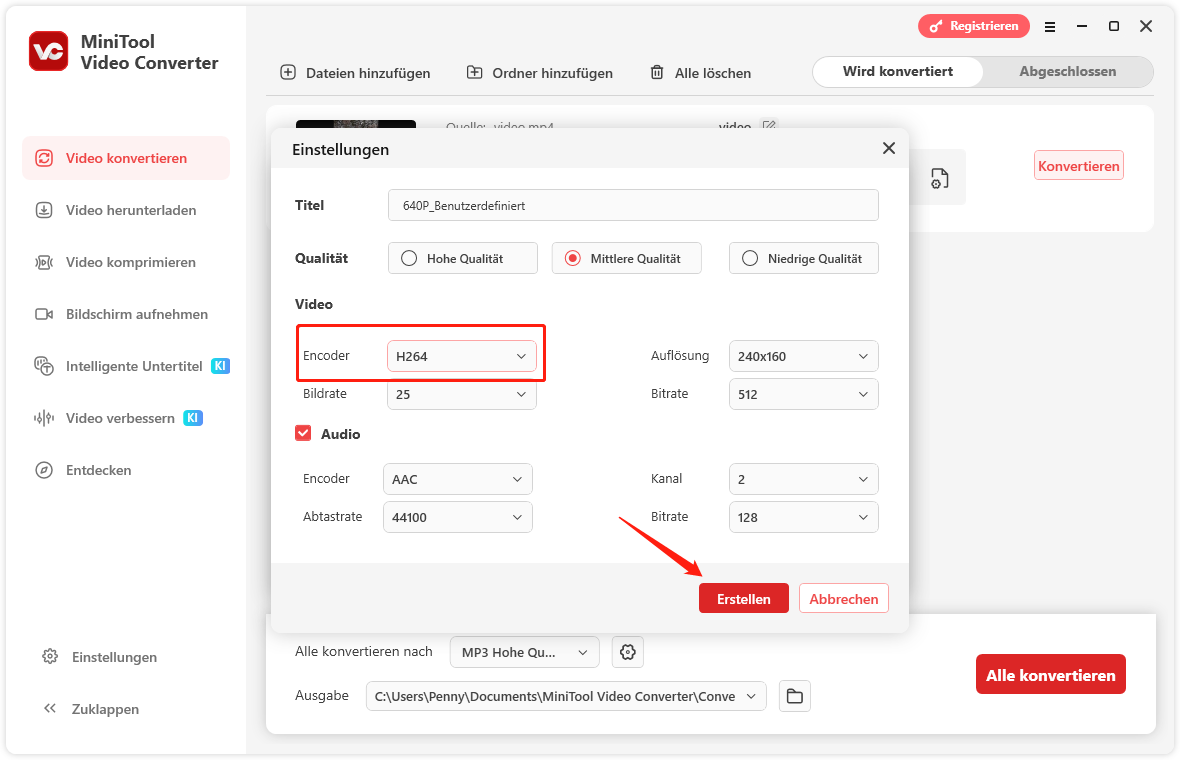 Encoder im Popup-Fenster ändern