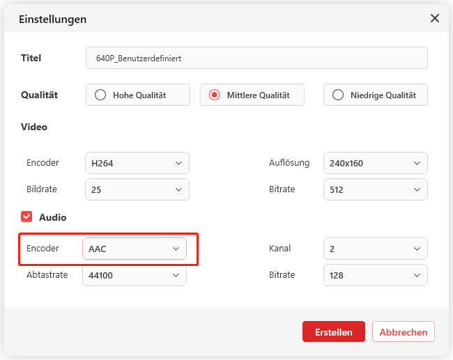 Audioencoder und andere Parameter ändern