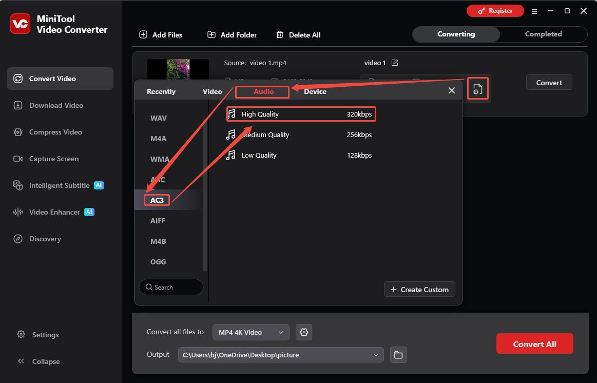MiniTool Video Converter output format window showing how to set AC3 as the output format in the Convert Video tab.