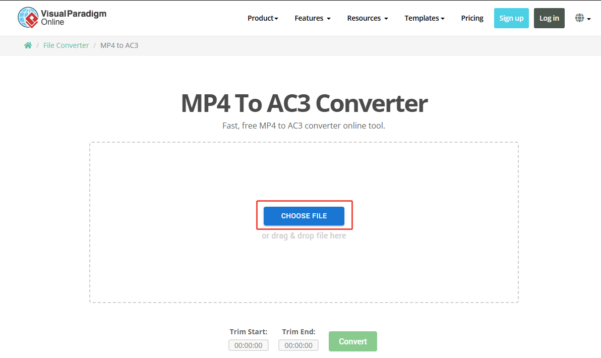Visual Paradigm interface with the CHOOSE FILE option selected.