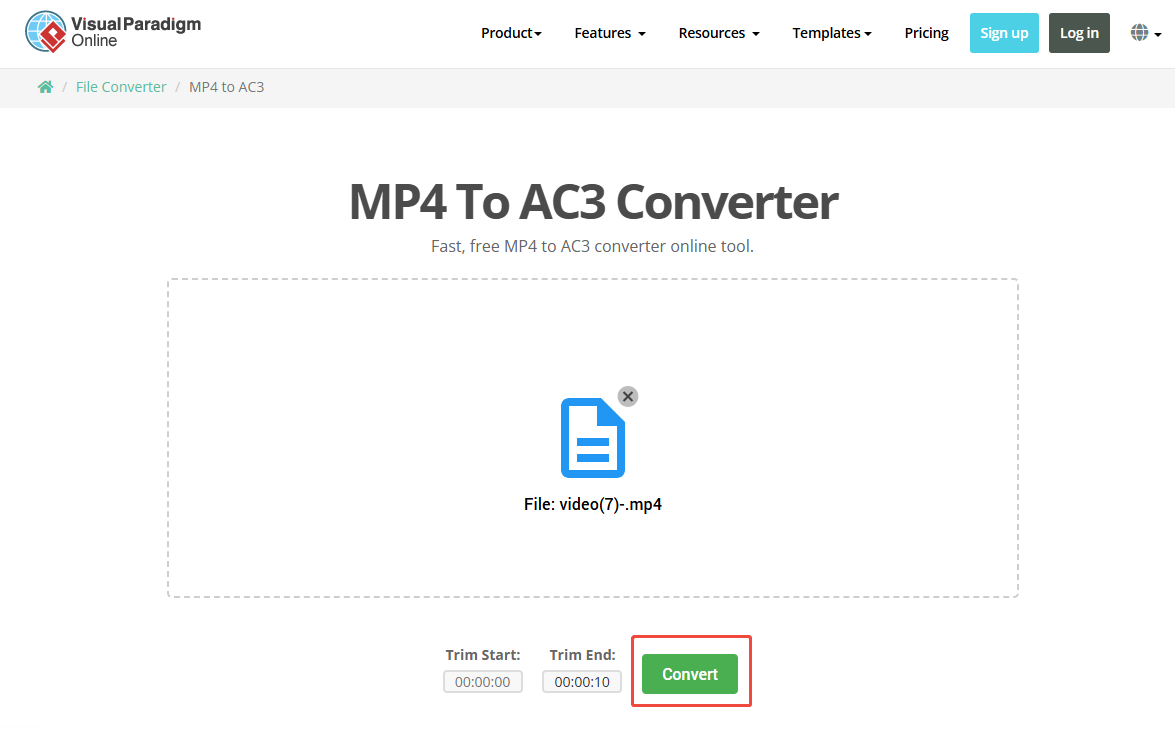 Visual Paradigm interface with the Convert button selected.