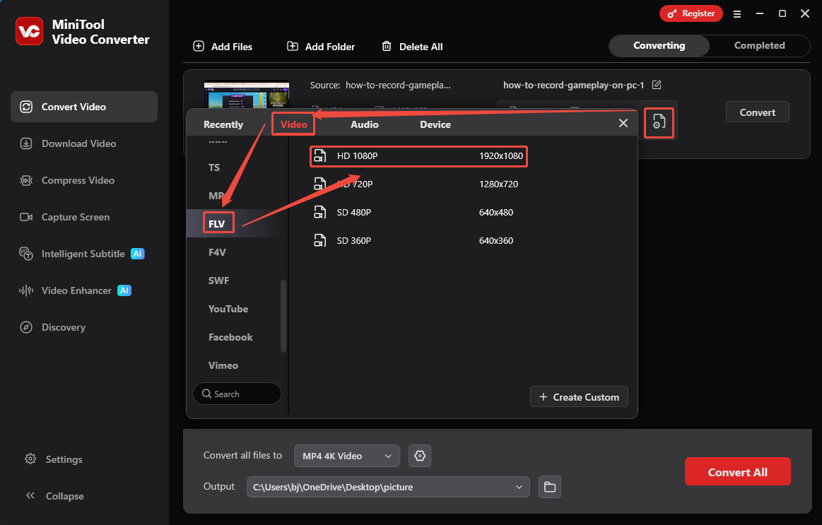 MiniTool Video Converter format settings window showing how to set FLV for the converted video in the Convert Video tab.
