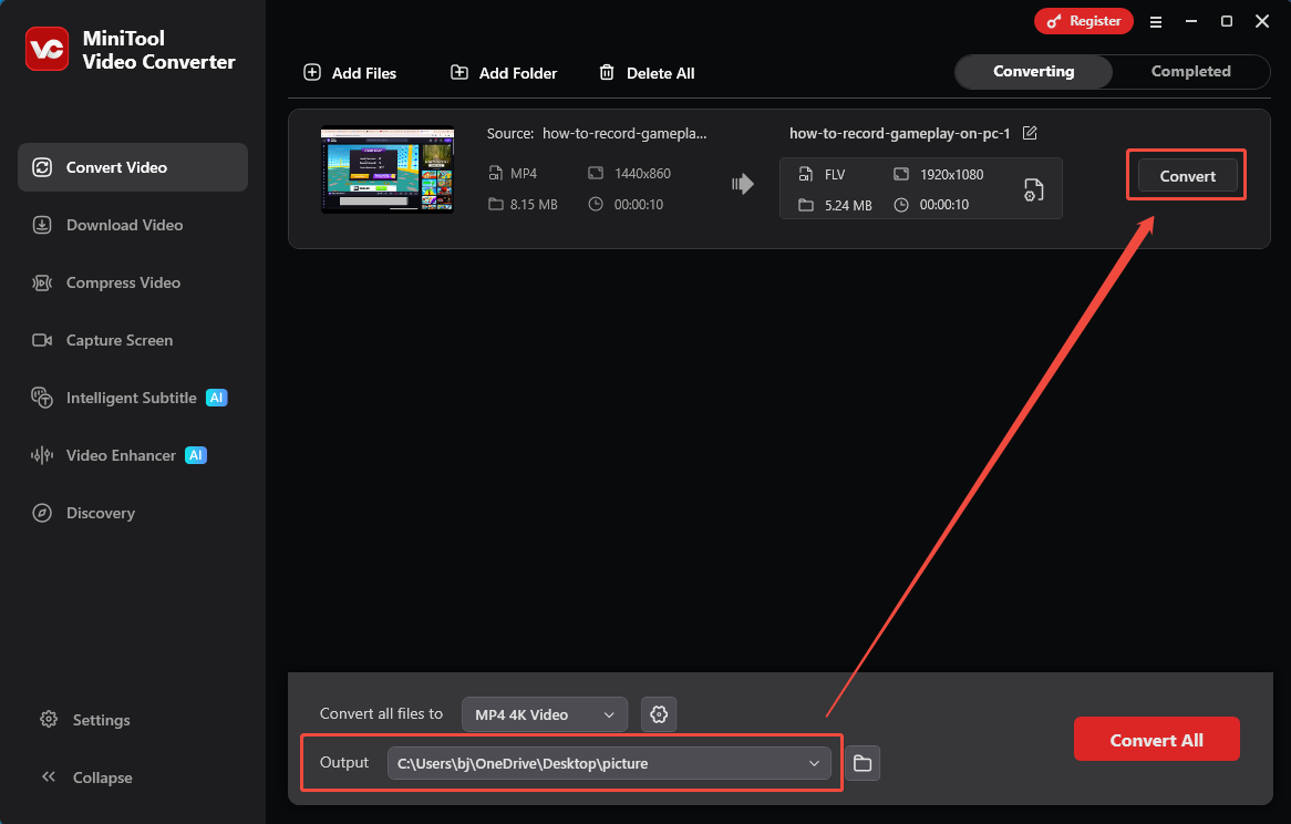 MiniTool Video Converter with the Output option and the Convert button selected in the Convert Video tab.