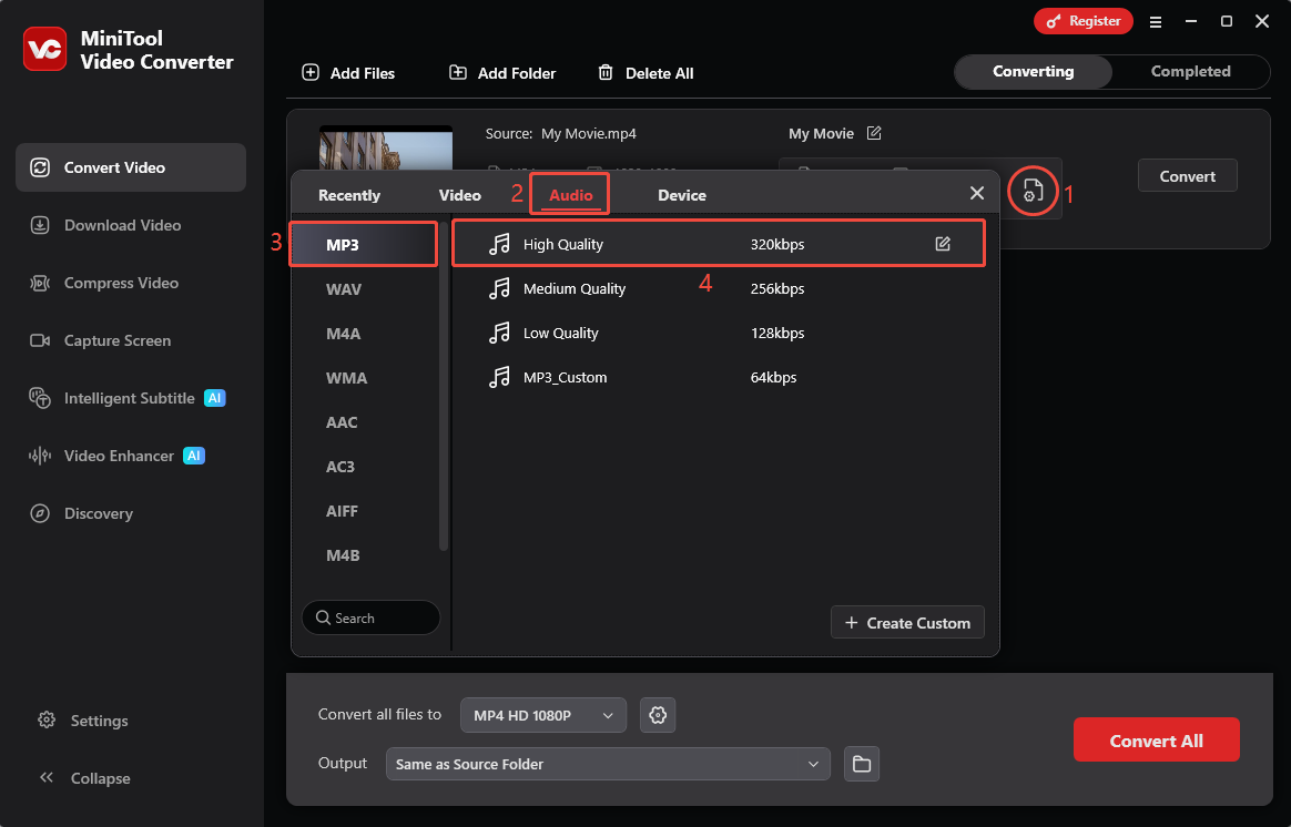 MiniTool Video Converter Convert Video interface showing how to select MP3 as output format.
