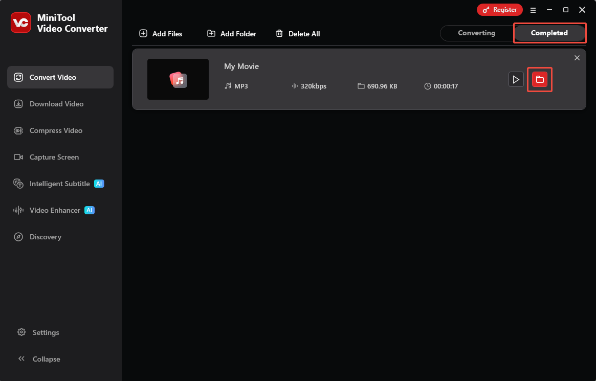 MiniTool Video Converter Convert Video interface with the folder icon selected.