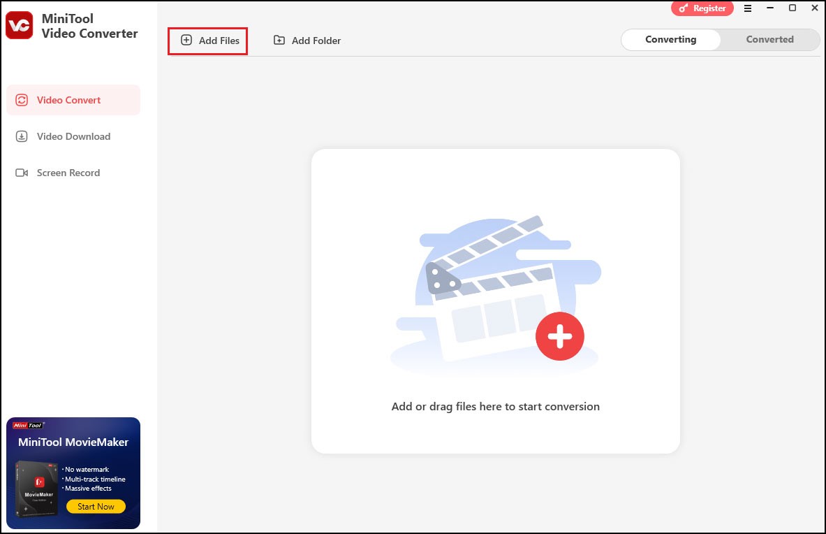 MiniTool Video Converter with the Add Files selected in the Video Convert tab.