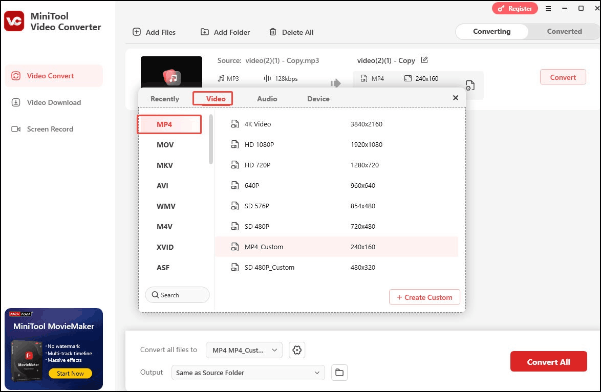 MiniTool Video Converter output format window showing how to set MP4 as the output format in the Audio tab.
