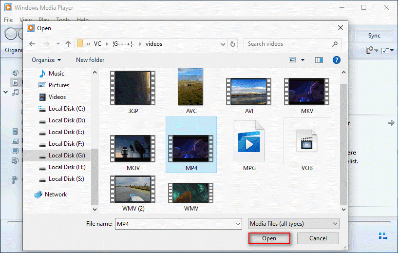 Windows Media Player Open window with the Open button selected.
