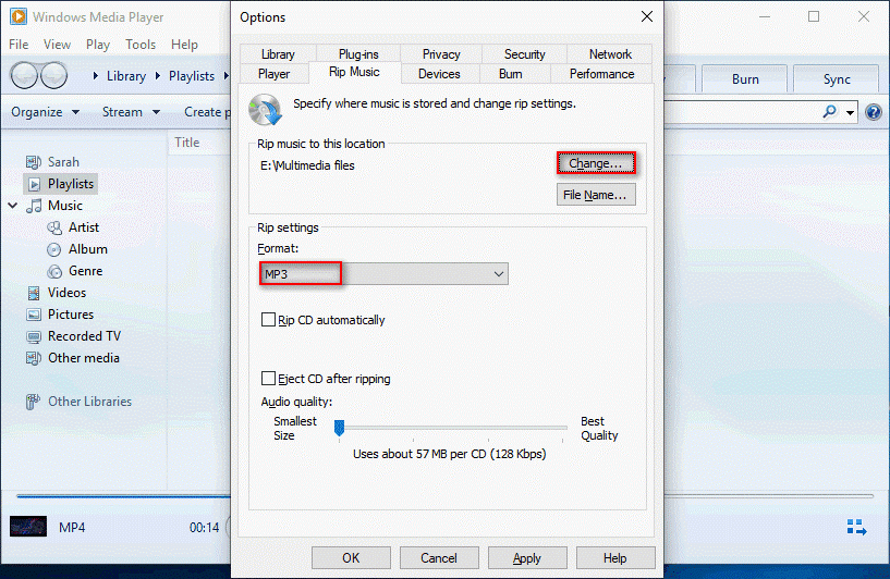 Windows Media Player Options window with the Change option and the MP3 option selected.