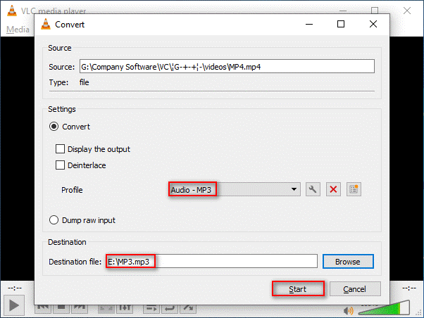 VLC Media Player Convert window showing how to set MP3 as the output format.
