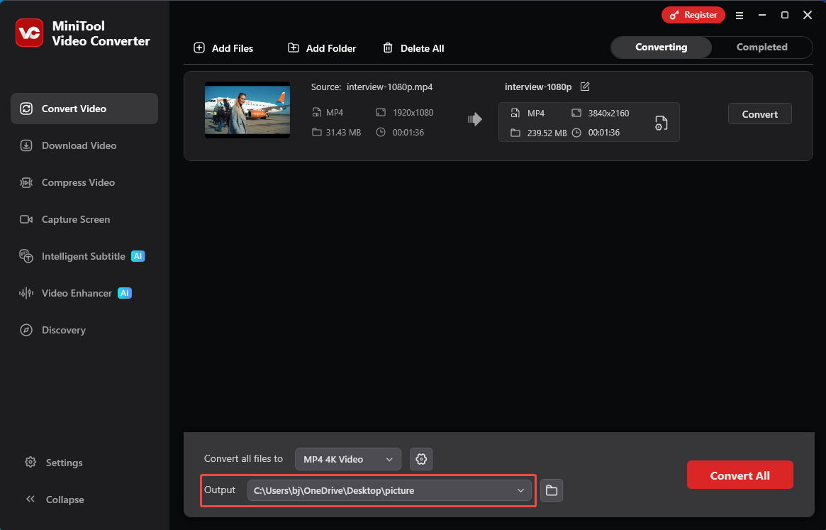 MiniTool Video Converter interface with the Output option selected in the Convert Video tab.