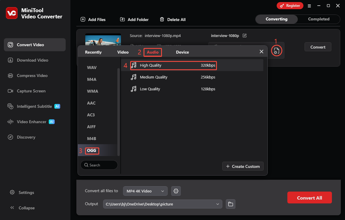 MiniTool Video Converter output format window showing how to set OGG as the output format in the Convert Video tab.