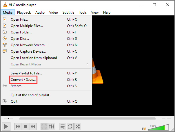 VLC Media Player expanded Media tab with the Convert and Save option selected.