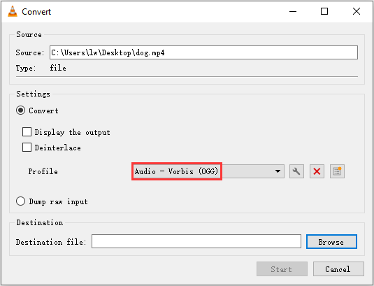 VLC Media Player Convert window showing how to set OGG as the output format.