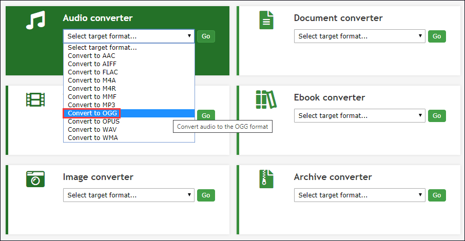 Online Convert Audio converter section with the Convert to OGG option selected.