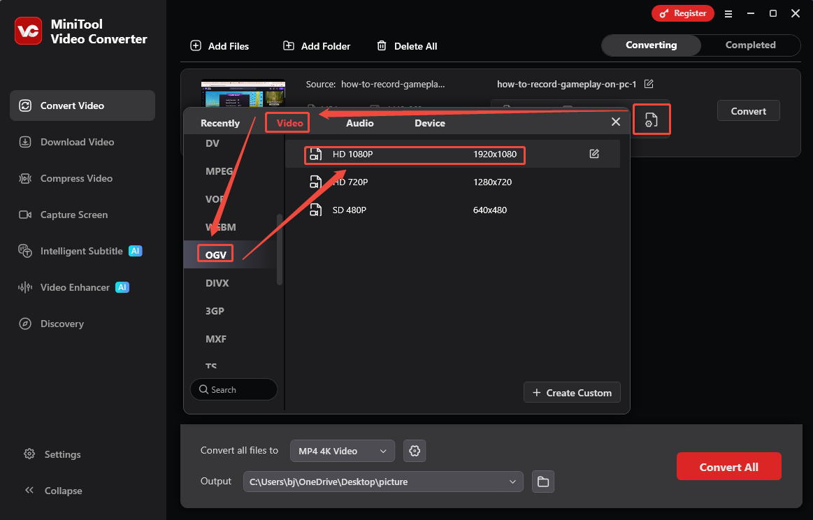 MiniTool Video Converter format settings window showing how to set OGV for the converted video in the Convert Video tab.