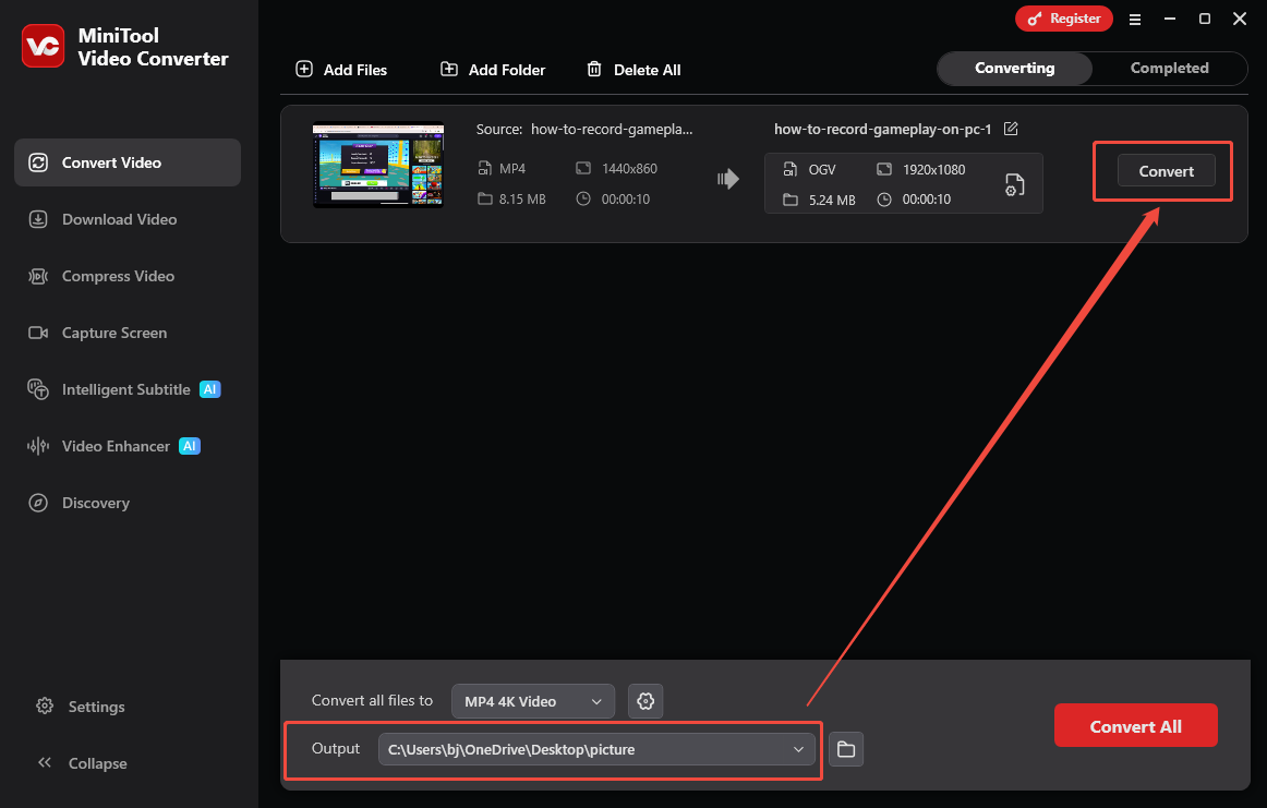 MiniTool Video Converter with the Output option and the Convert button selected in the Convert Video tab.