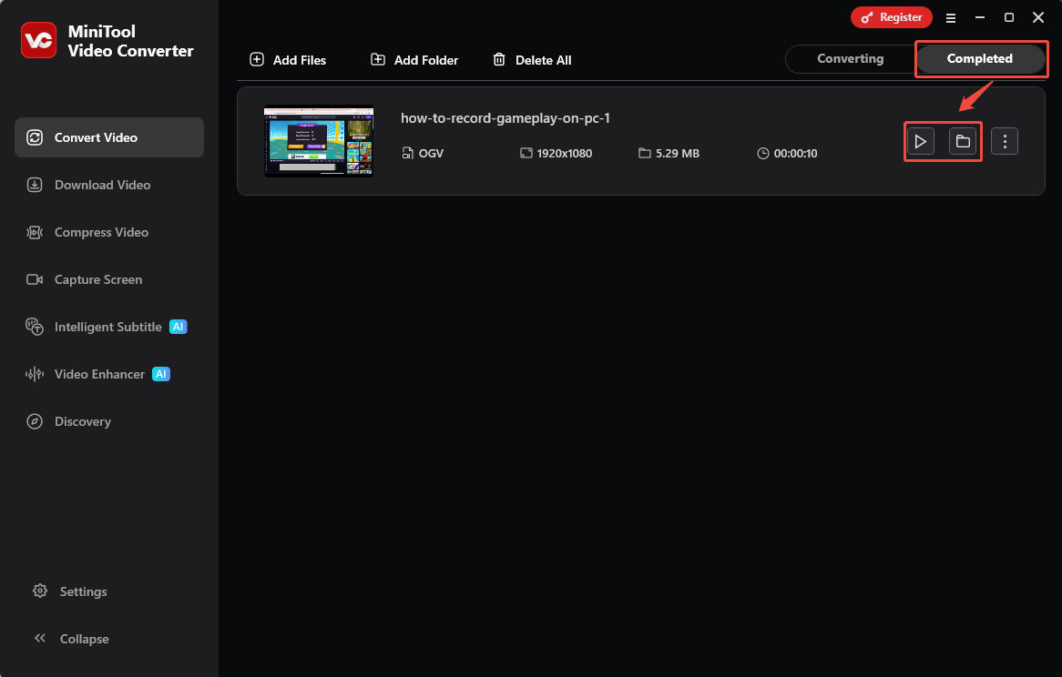 MiniTool Video Converter Completed tab with the Play icon and the Folder icon selected in the Convert Video tab.