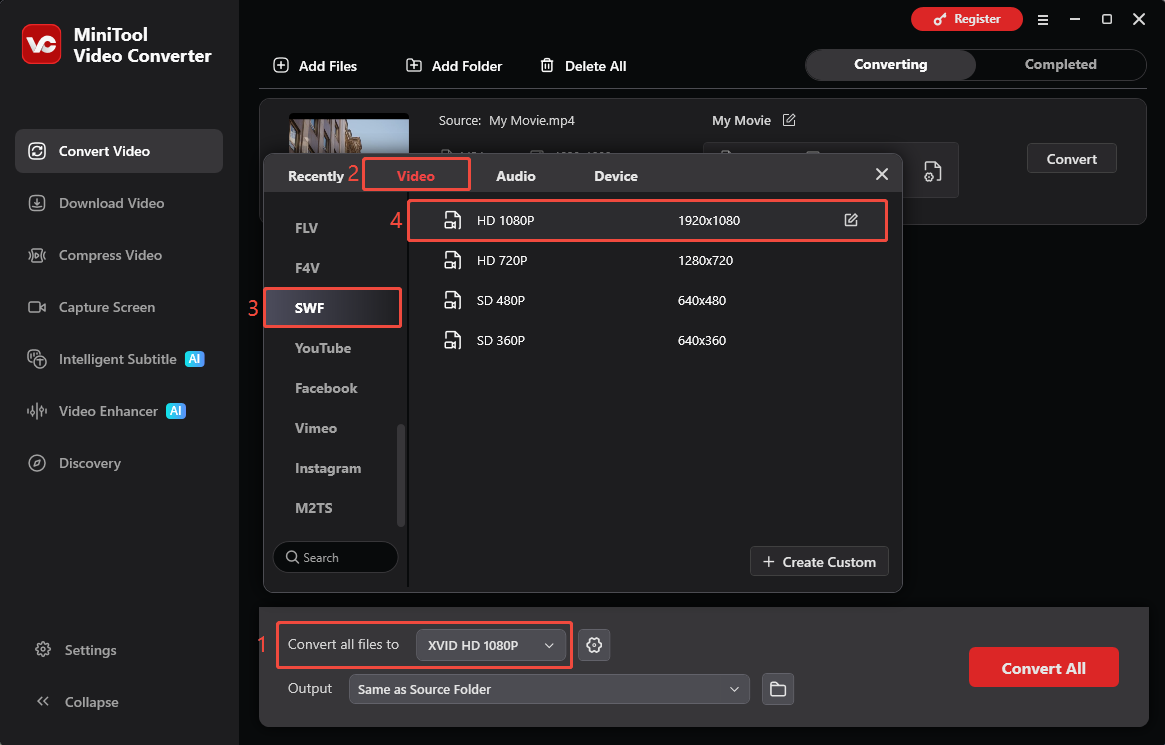 MiniTool Video Converter Convert Video interface showing how to choose SWF as output format.