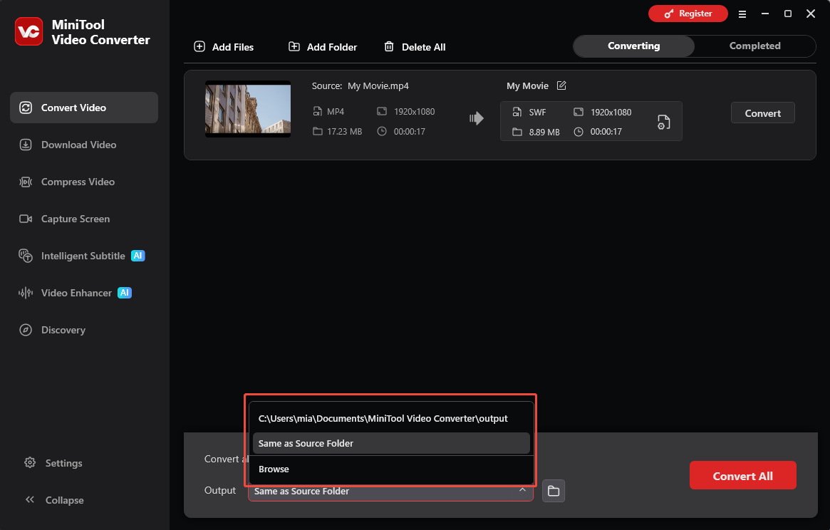 MiniTool Video Converter Convert Video interface with the Output menu expanded.
