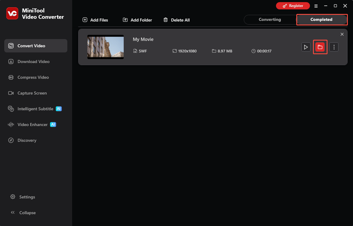 MiniTool Video Converter Convert Video interface with the folder icon selected under the Completed tab.