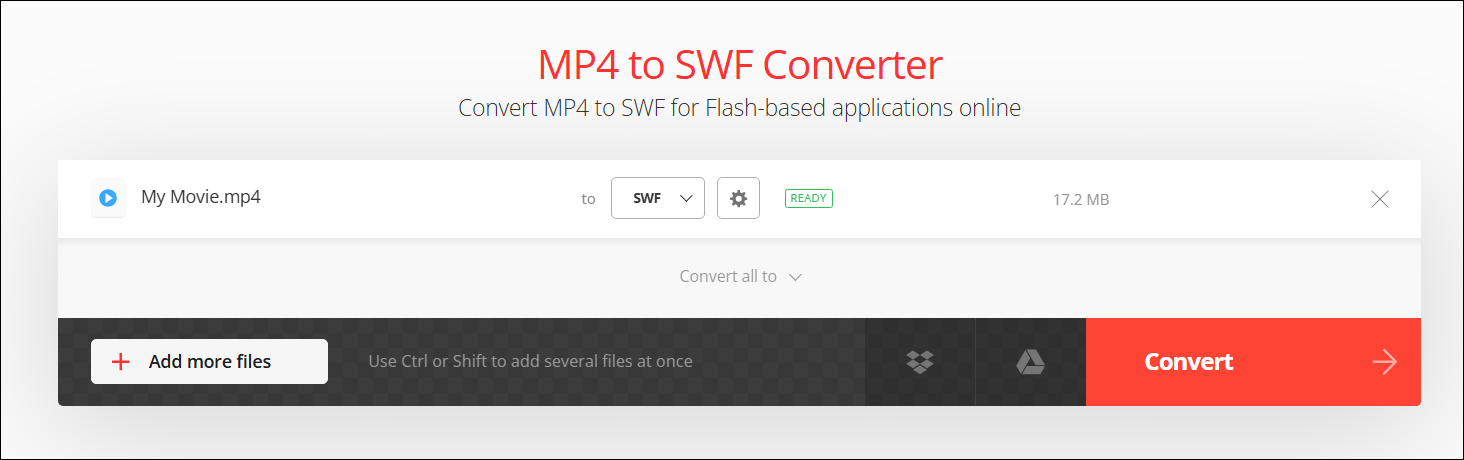 Convertio MP4 to SWF Converter interface with an MP4 file uploaded.