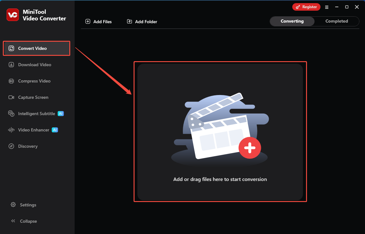 MiniTool Video Convert interface with the Convert Video tab and the Add or drag files here to start conversion area selected.