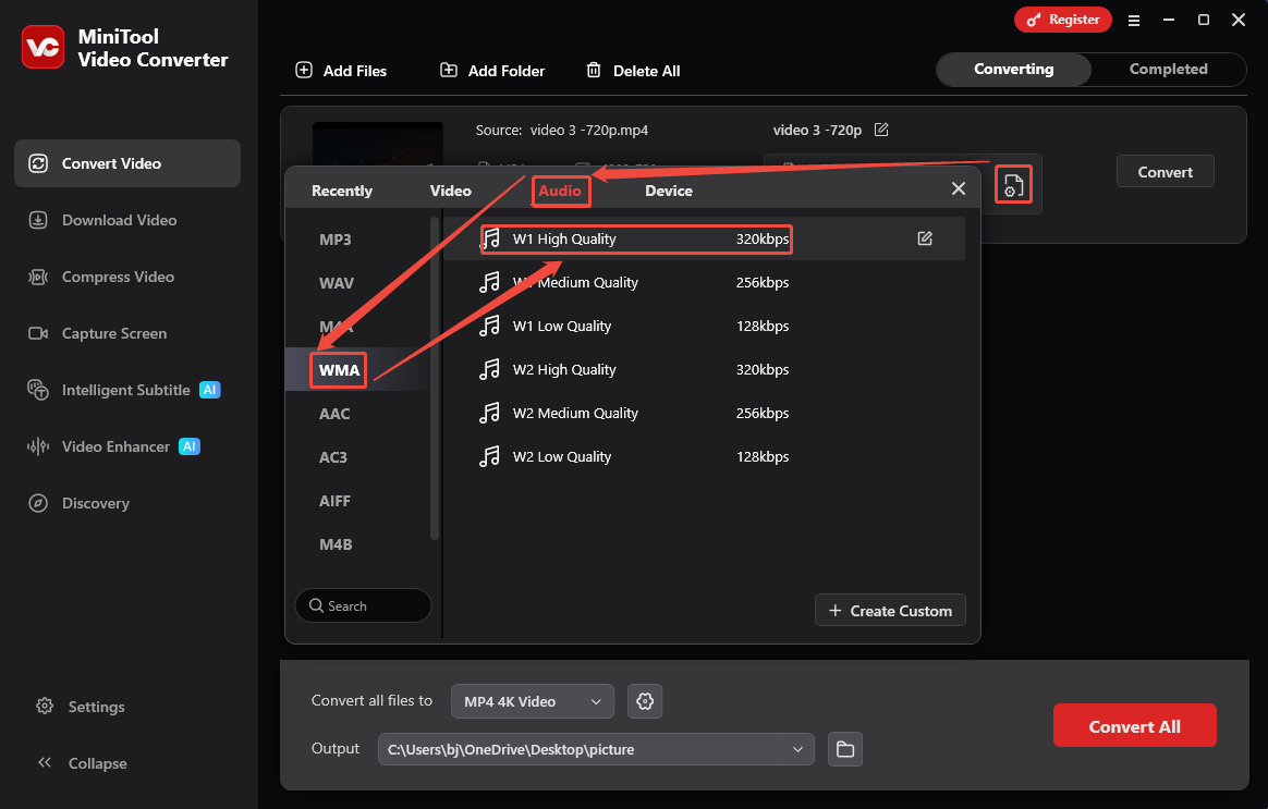 MiniTool Video Converter format settings window showing how to set WMA for the converted video in the Convert Video tab.