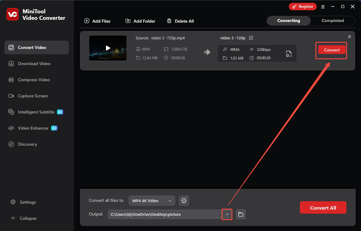 MiniTool Video Converter with the Output option and the Convert button selected in the Convert Video tab.