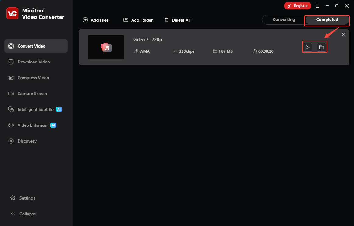 MiniTool Video Converter Completed tab with the Play icon and the Folder icon selected in the Convert Video tab.