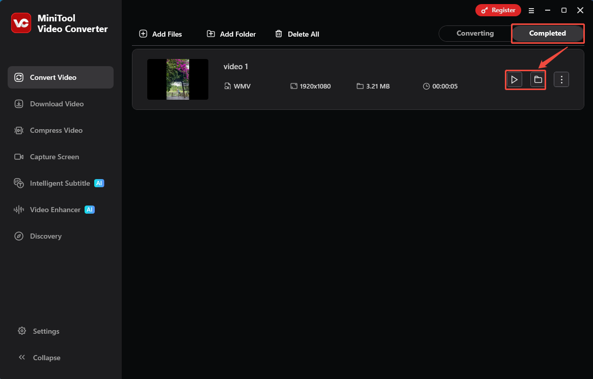 MiniTool Video Converter Completed tab with the Play icon and the Folder icon selected in the Convert Video tab.
