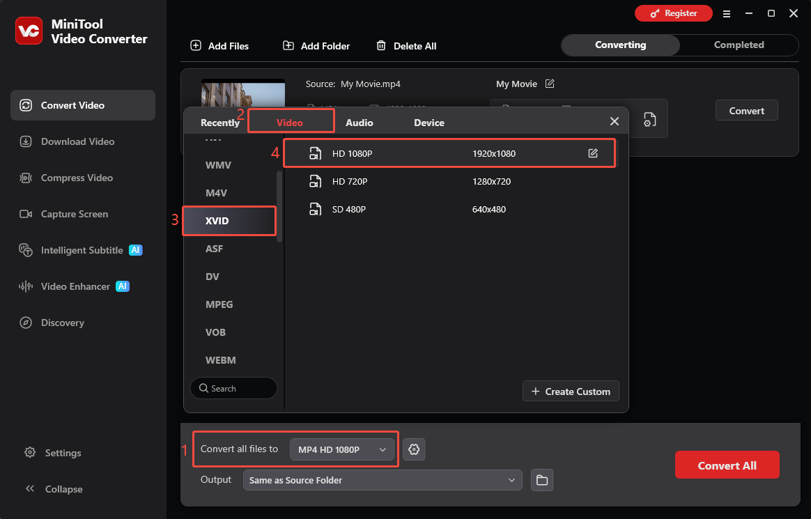 MiniTool Video Converter Convert Video interface showing how to select XVID as the output format.