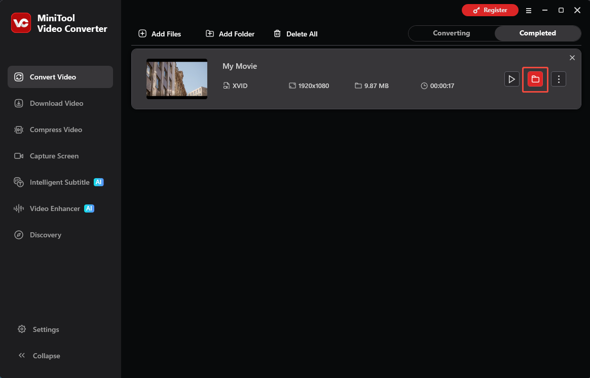 MiniTool Video Converter Convert Video interface with the folder icon selected.