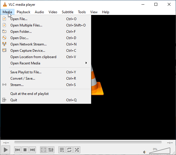 VLC interface with the Media menu expanded.