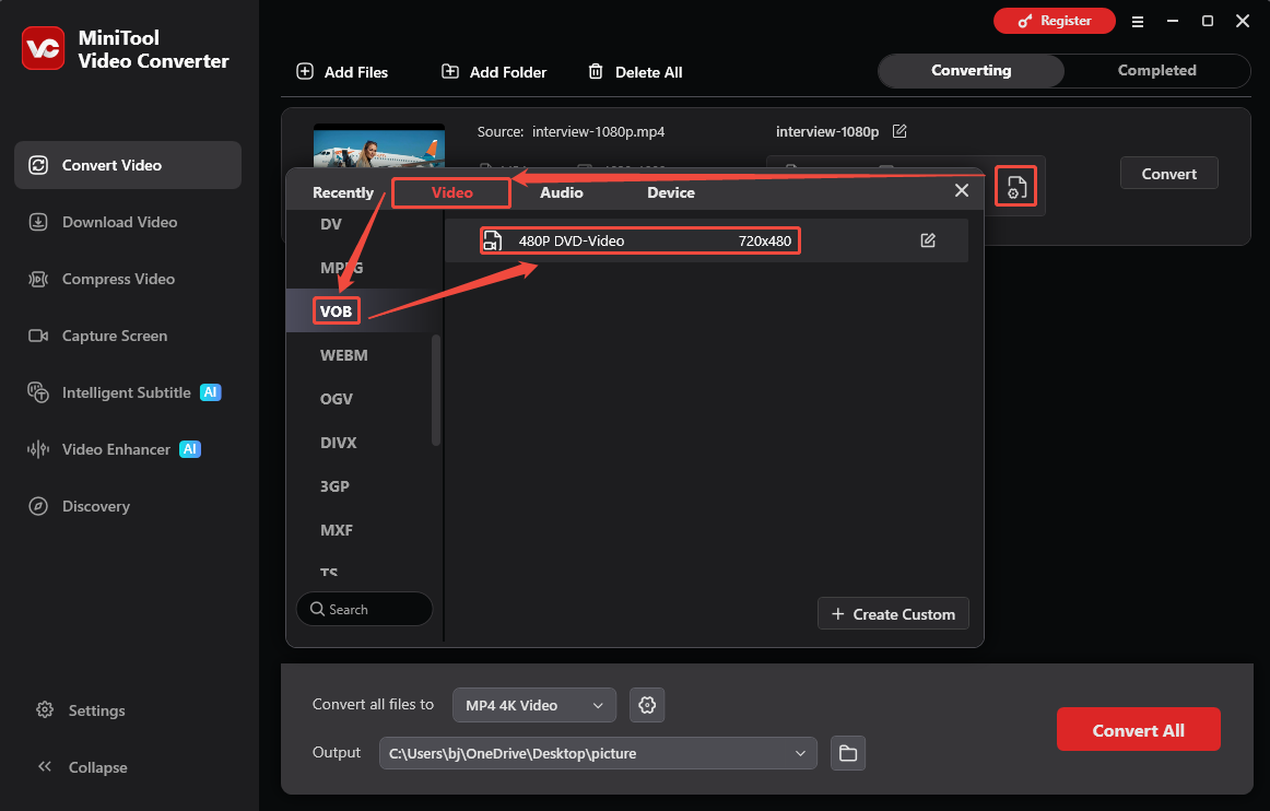 MiniTool Video Converter output format window showing how to set VOB as the output format in the Convert Video tab.