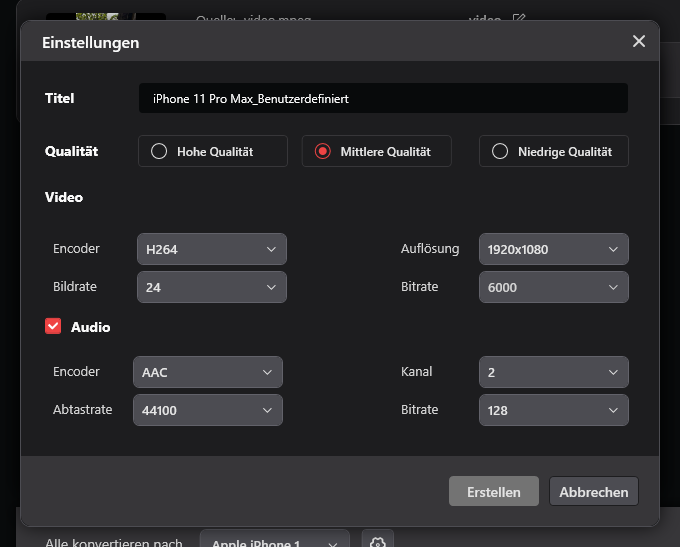Parameter wie Bildrate und Bitrate im Fenster „Einstellungen“ ändern