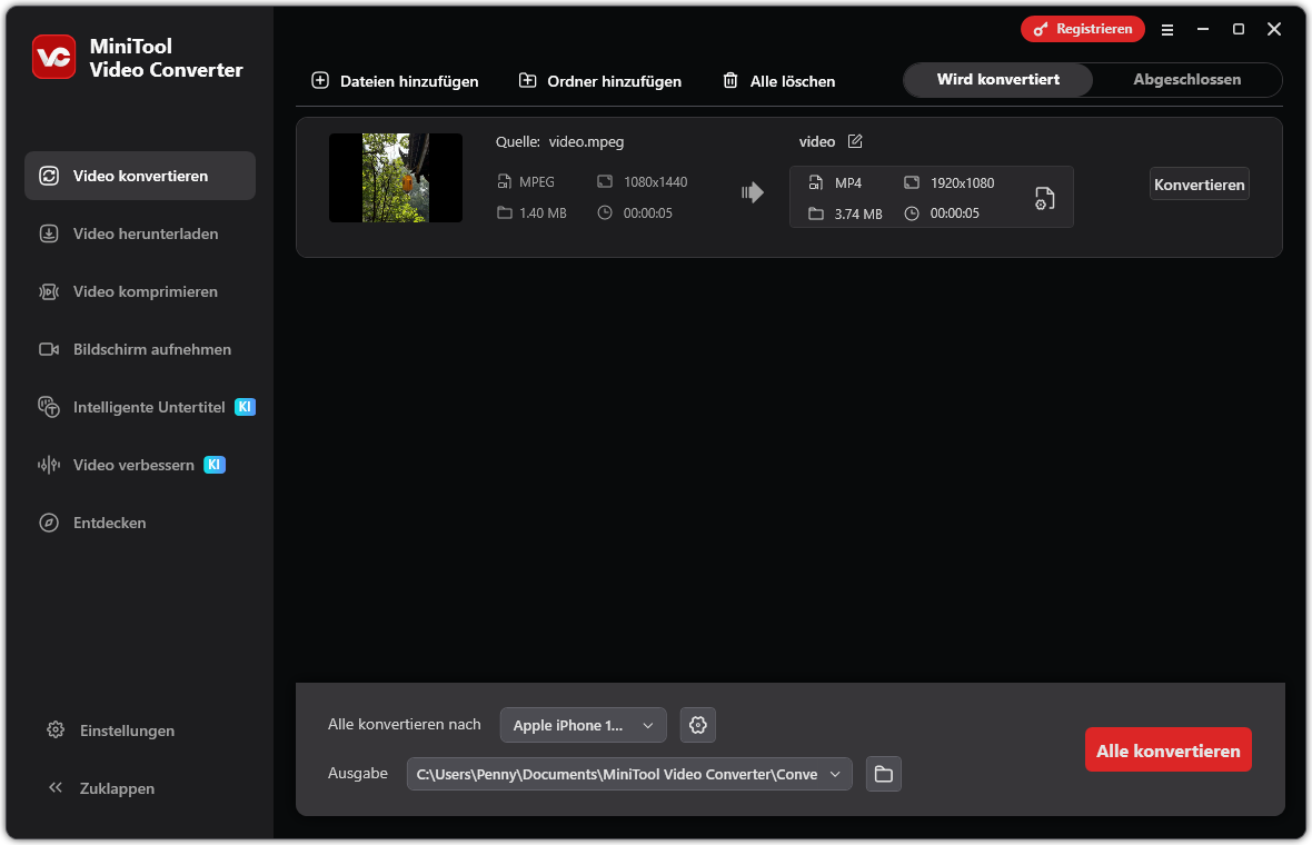 Klicken Sie in MiniTool Video Converter auf „Konvertieren“, um die Konvertierung von MPEG zu starten