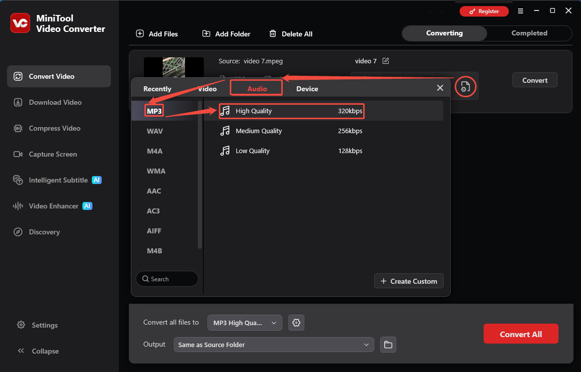 MiniTool Video Converter output format window showing how to set MP3 as the output format in the Convert Video tab.