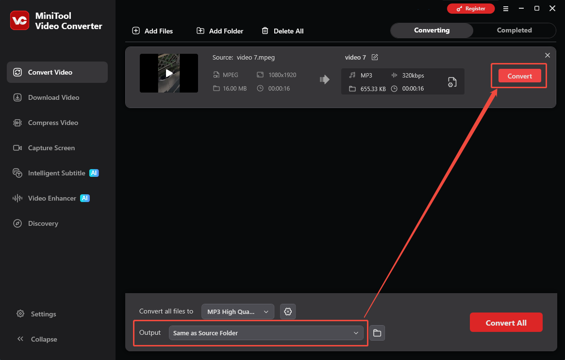 MiniTool Video Converter interface with the Output option and the Convert button selected in the Convert Video tab.