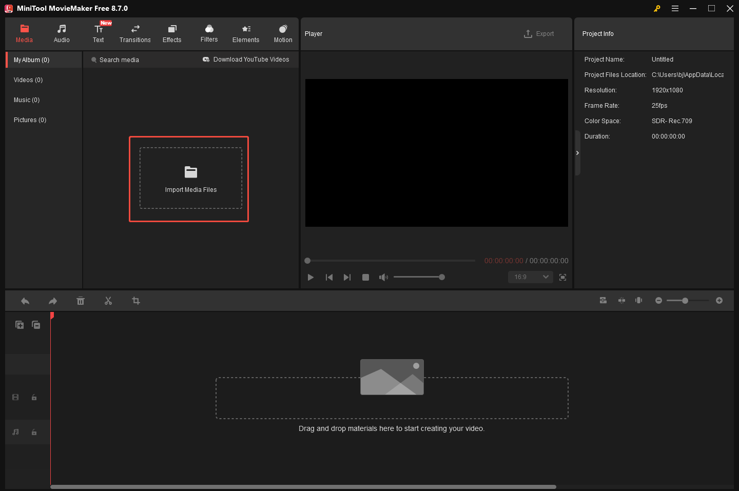 MiniTool MovieMaker interface with the Import Media Files option selected.