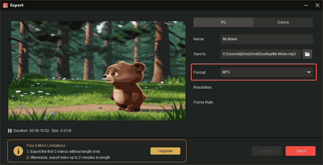 MiniTool MovieMaker Export window showing how to set MP3 as the output format.