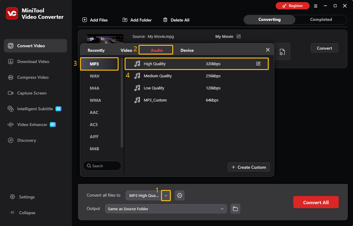 MiniTool Video Converter output format window showing how to set MP3 as the output format.