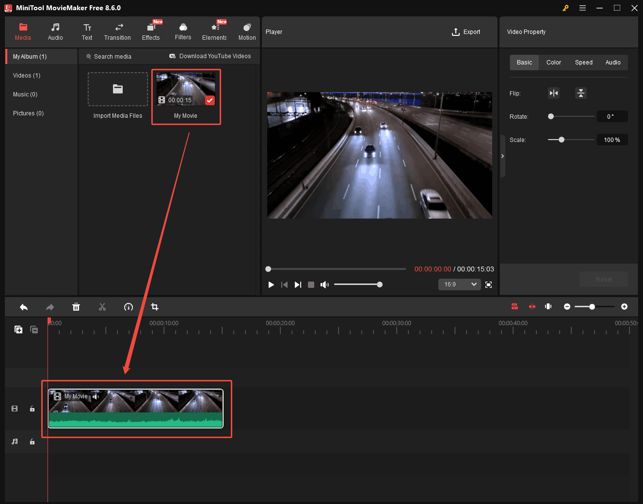 MiniTool MovieMaker interface showing how to add the video to the timeline.